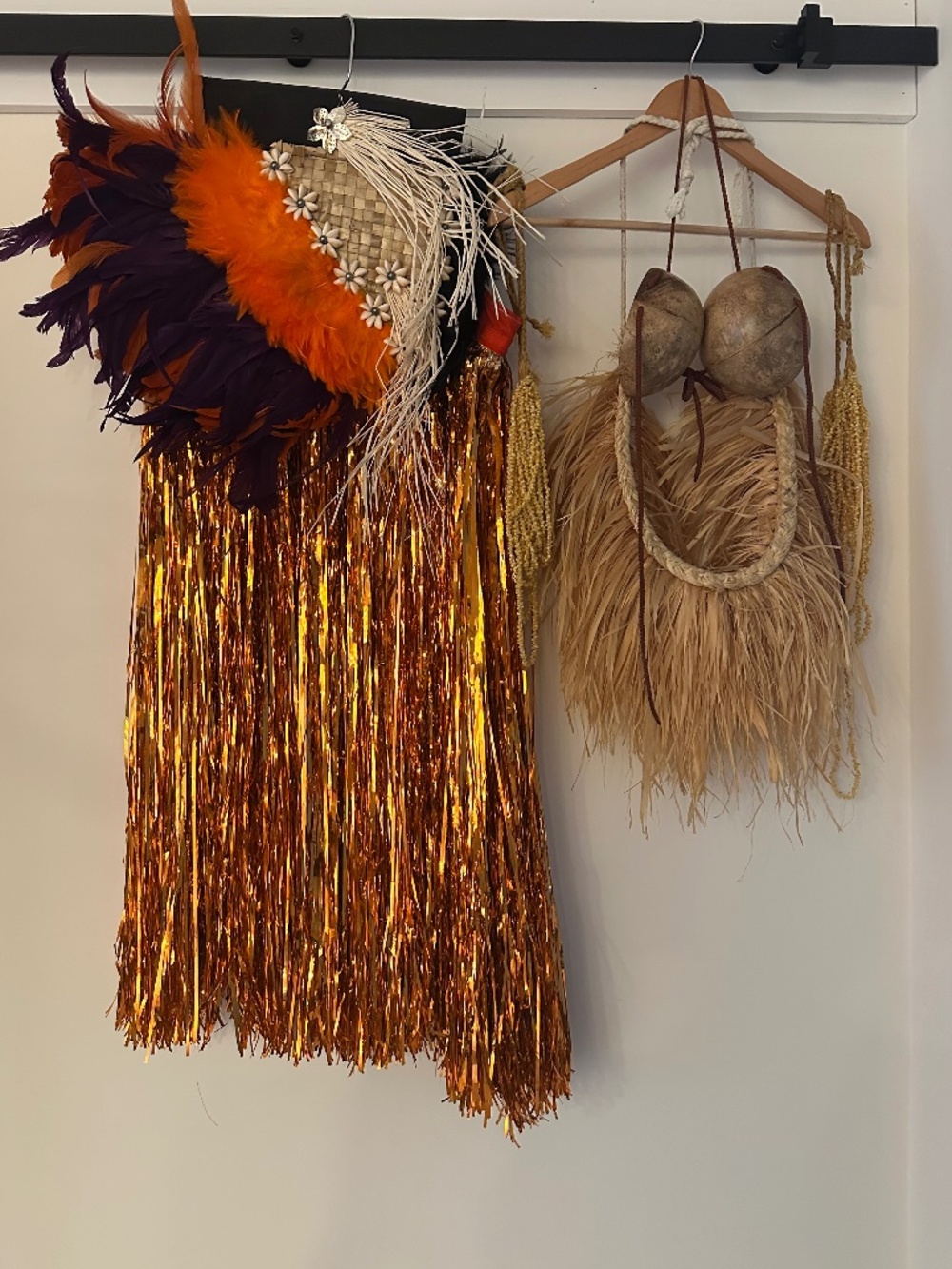 Full Hula Polynesian Tinsel Skirt Hau Headpiece + Hip Hei Mango Shells Coconuts